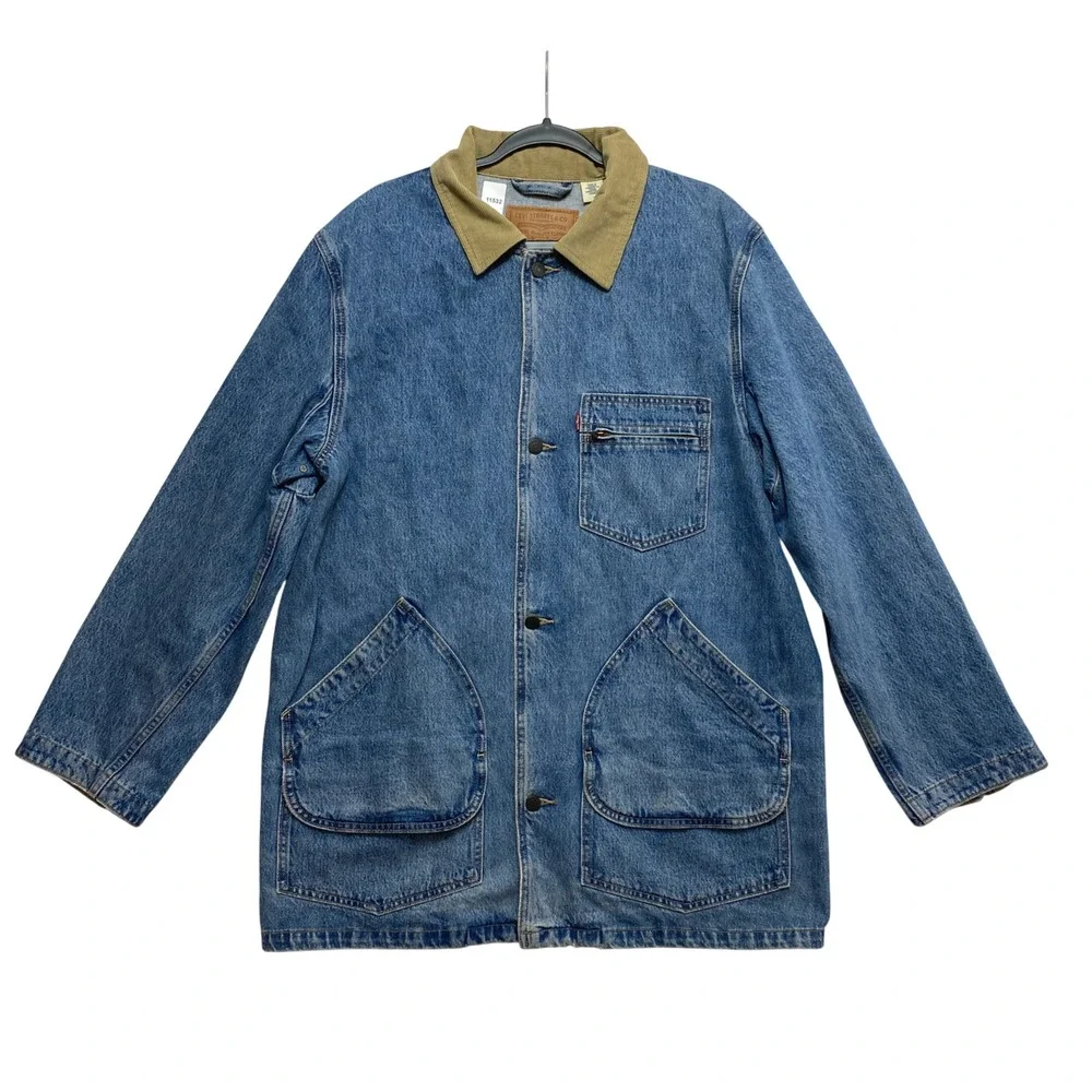 Levi's Premium Chore Coat Mens Medium Blue Denim Corduroy Collar Barn Jacket